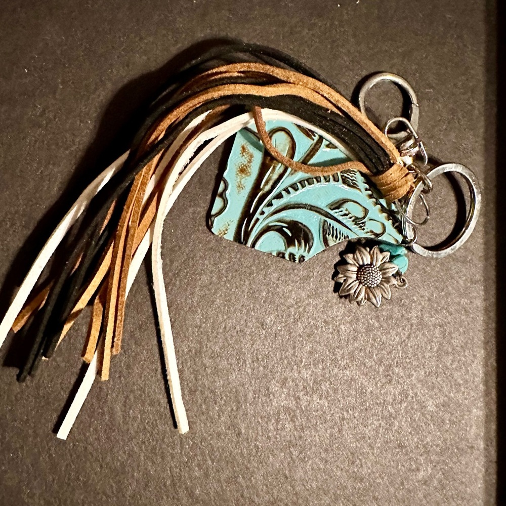 Brown and Tan Leather Key and Card Holder with Turquoise Sunflower Accent